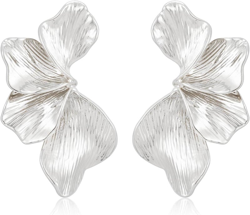 FAUTHENTICUTE Chunky Gold Statement Earrings For Women Gold Plated Sectored Flower Leaf Shell Angel Wing Earrings Large Stud Earrings Hypoallergenic Earrings - Image 1